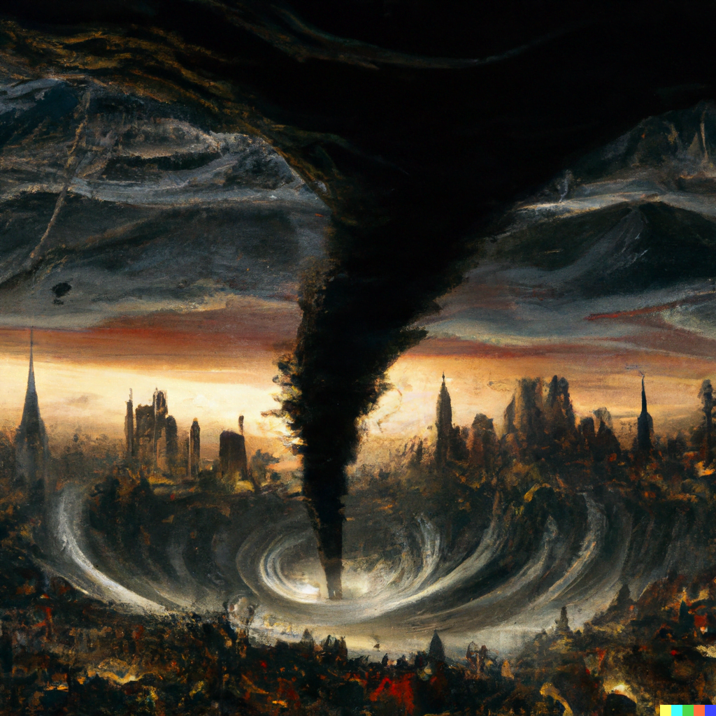 DALL·E 2022-07-12 23.46.09 – a dark multi-vortex tornado engulfs a modern city at night by Zdzisław Beksiński and Kyle Lambert