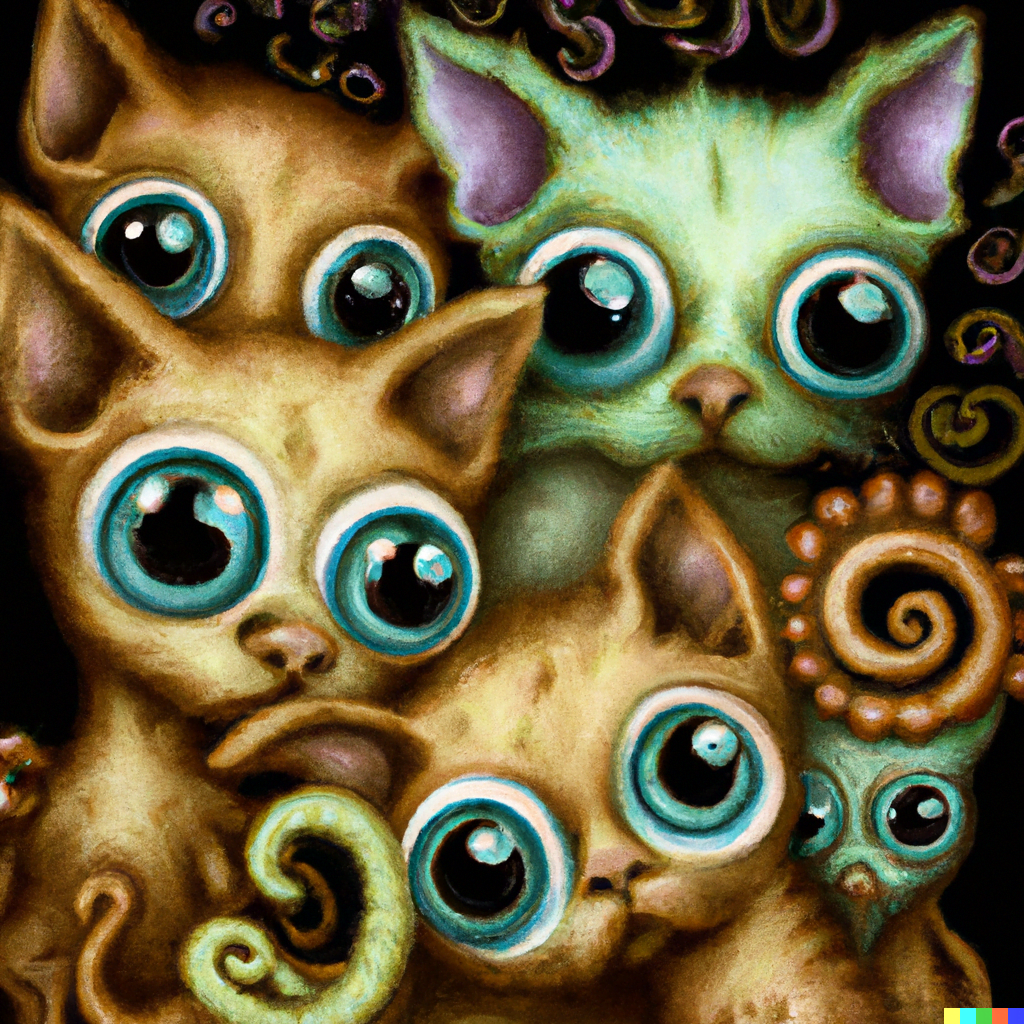 DALL·E 2022-07-12 23.46.47 – cute Cthulhu kittens with puppy dog eyes by Daniel Merriam
