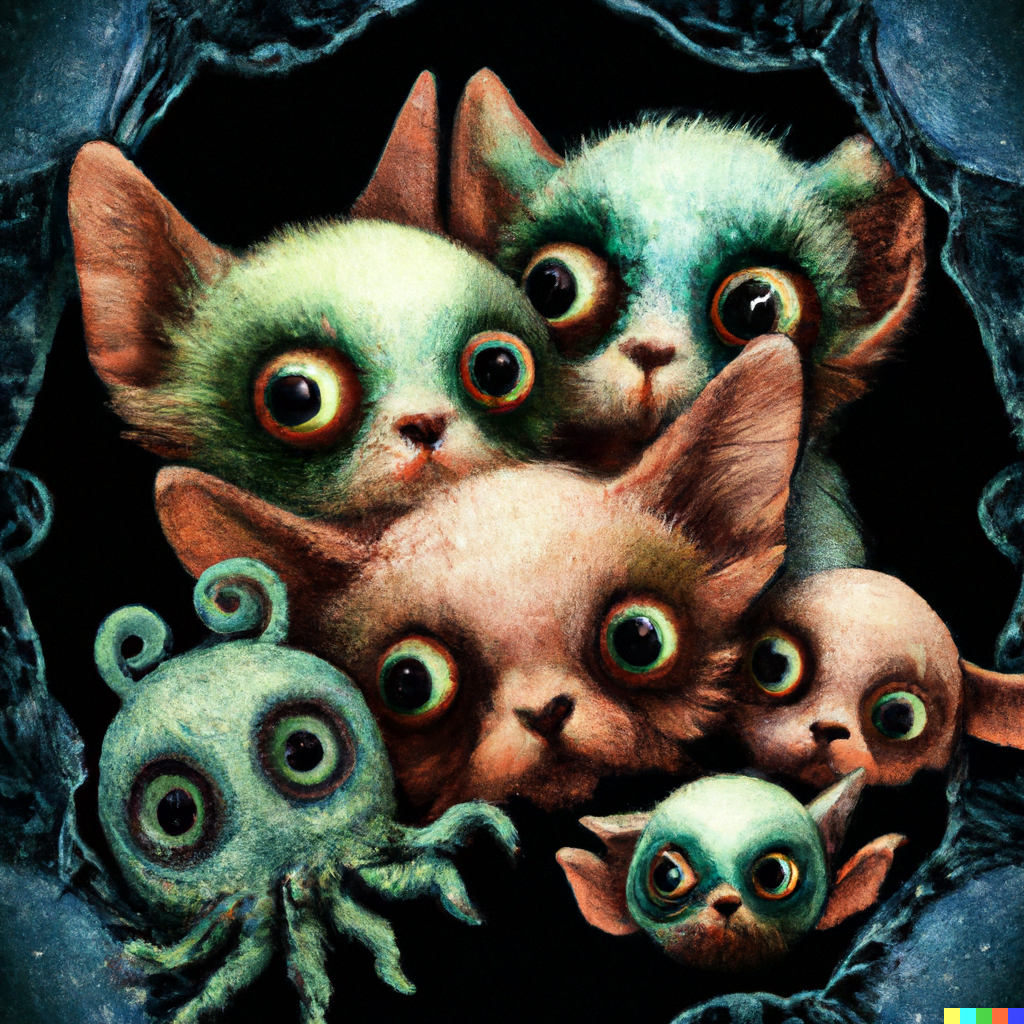 DALL·E 2022-07-12 23.46.52 – cute Cthulhu kittens with puppy dog eyes by Daniel Merriam