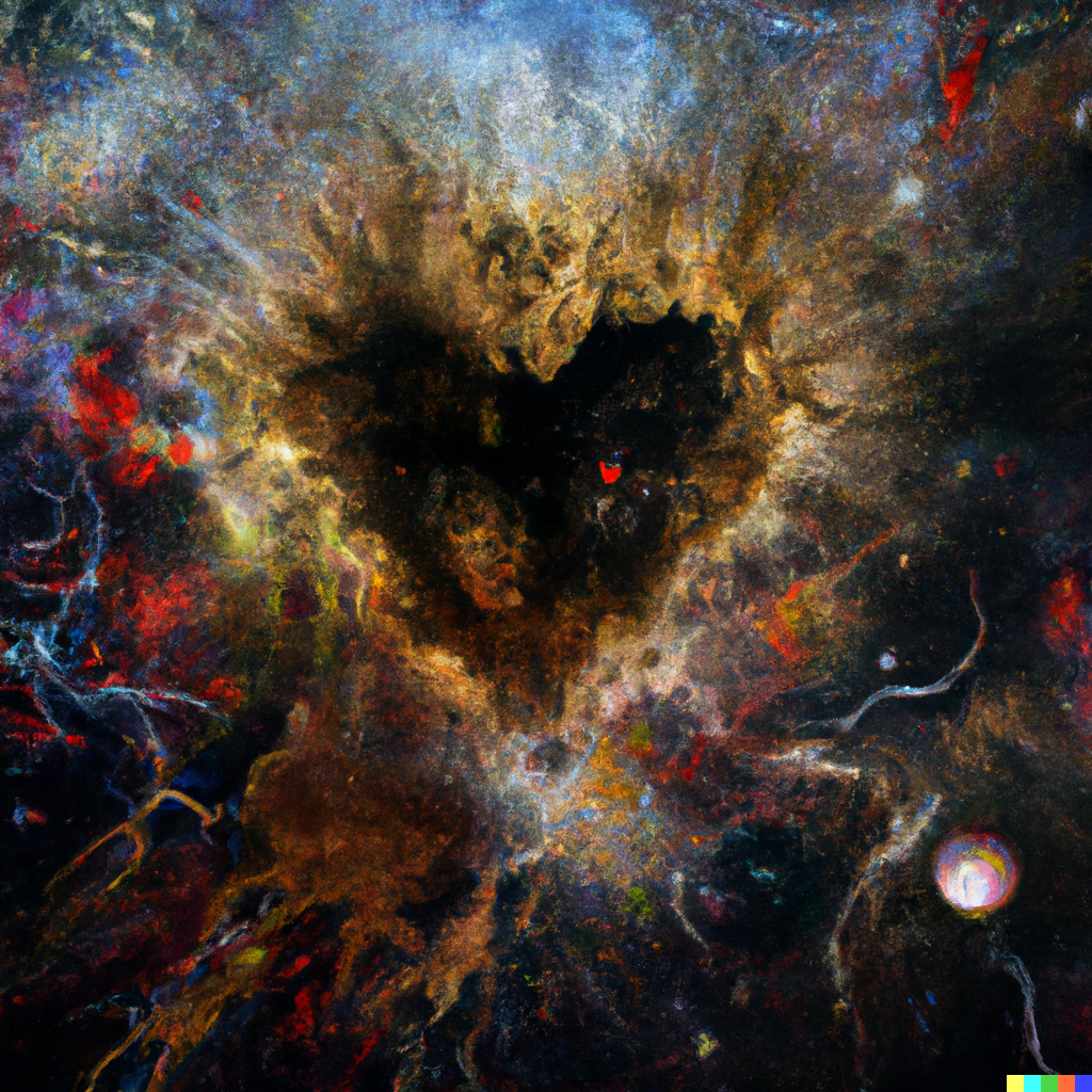DALL·E 2022-07-12 23.48.33 – heart of darkness exploding from a cloud of galaxies by Zdzisław Beksiński vibrant hyperdetailed