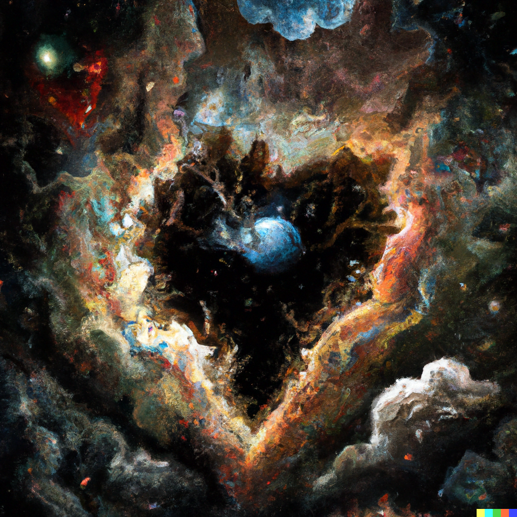 DALL·E 2022-07-12 23.48.43 – heart of darkness exploding from a cloud of galaxies by Zdzisław Beksiński vibrant hyperdetailed