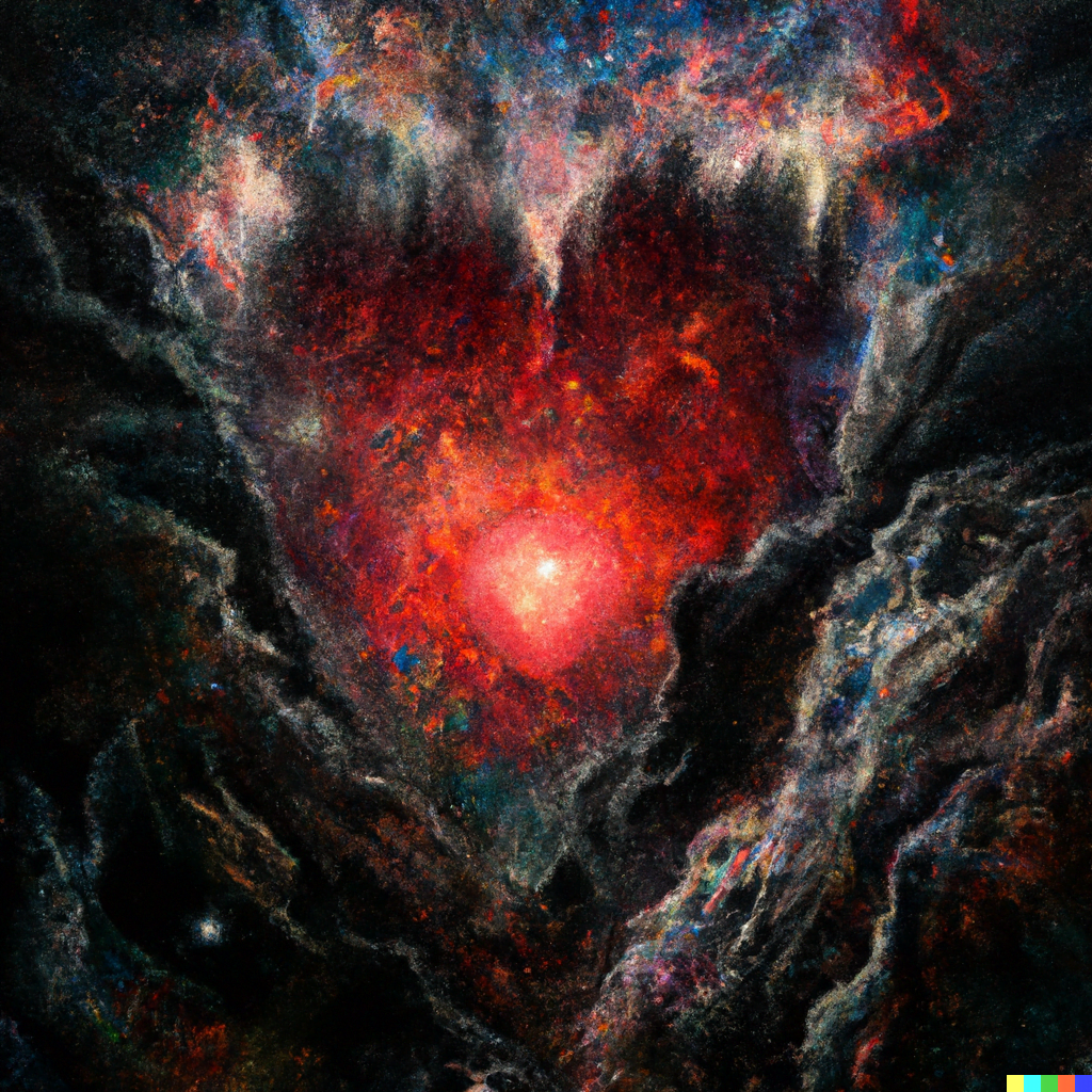 DALL·E 2022-07-12 23.48.46 – heart of darkness exploding from a cloud of galaxies by Zdzisław Beksiński vibrant hyperdetailed
