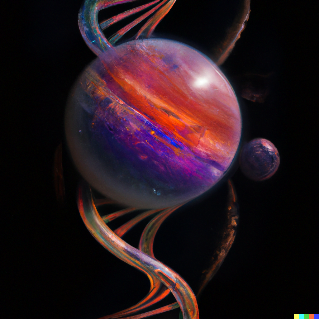DALL·E 2022-07-12 23.49.27 – vibrant dna strands wrapped around a planet by Zdzisław Beksiński