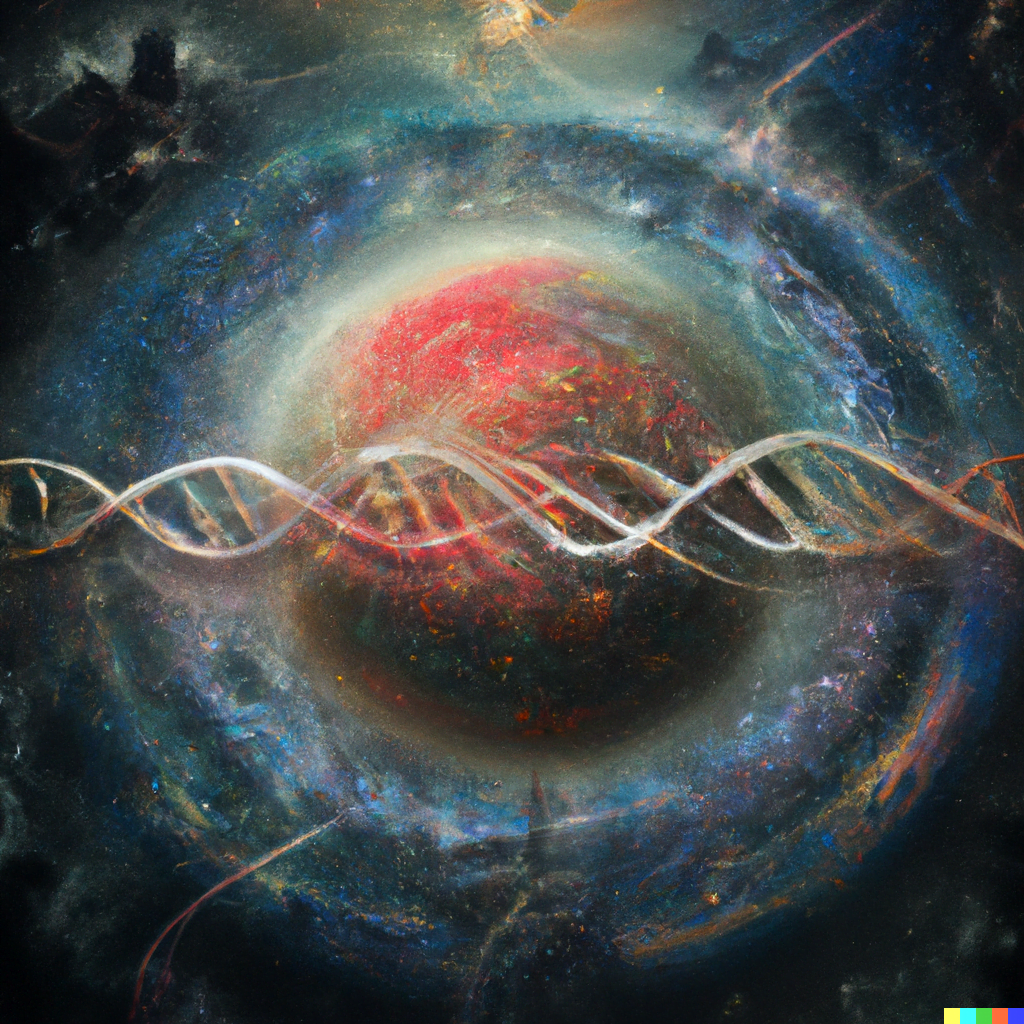 DALL·E 2022-07-12 23.49.38 – vibrant dna strands wrapped around a planet by Zdzisław Beksiński