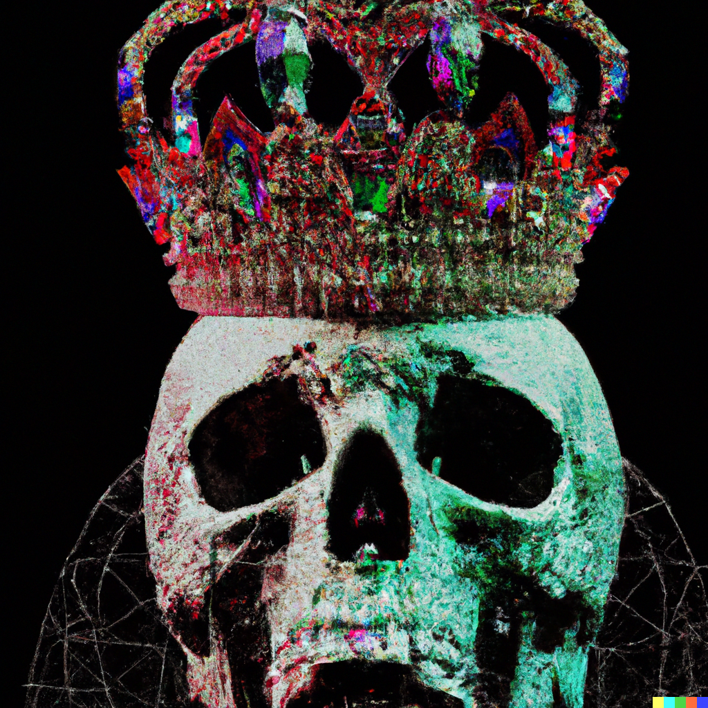 DALL·E 2022-07-12 23.51.48 – a jewel encrusted human skull with a crown hyperdetailed sacred geometry render of embossed anaglyphic crystalsby wes anderson and Zdzisław Beksiński,