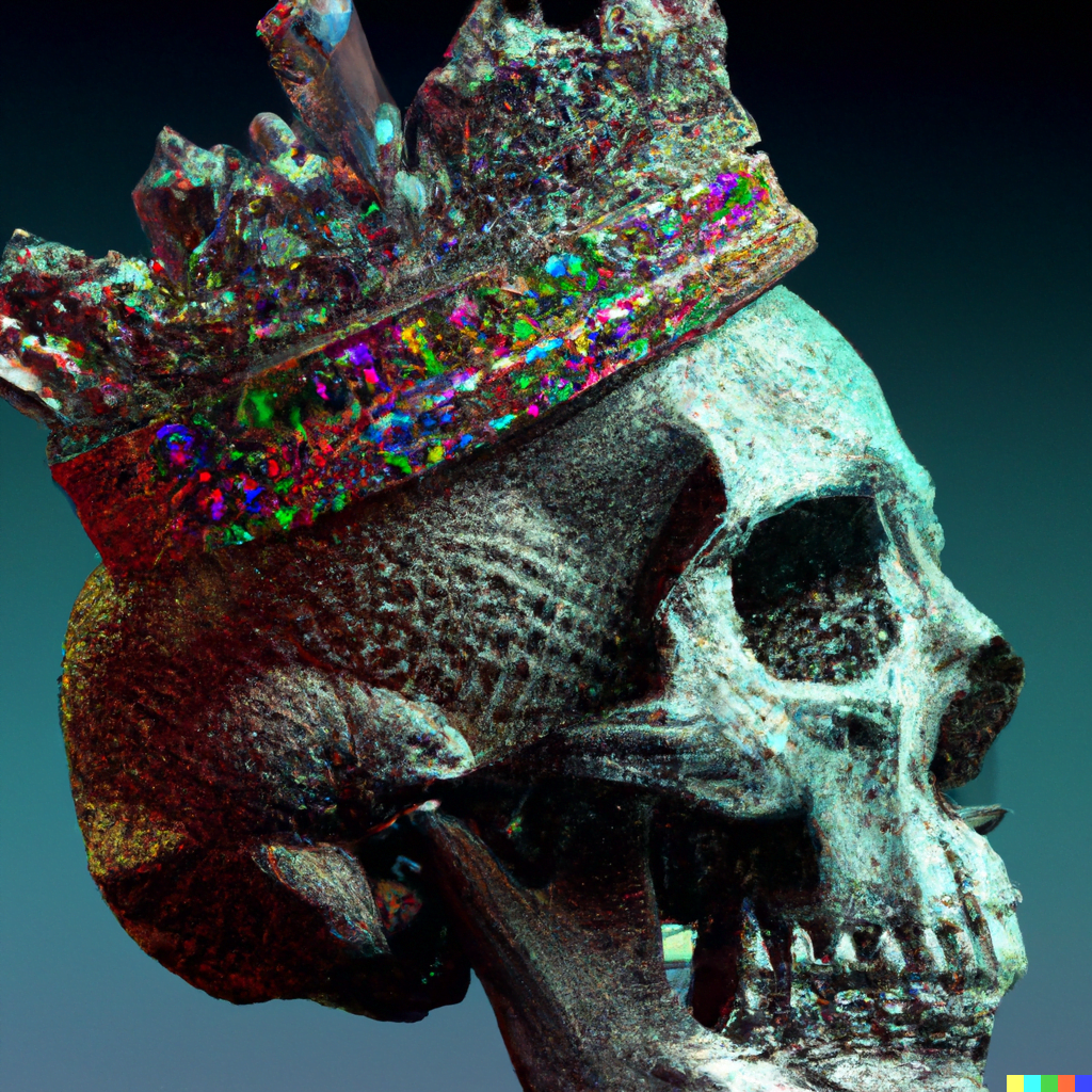 DALL·E 2022-07-12 23.51.53 – a jewel encrusted human skull with a crown hyperdetailed sacred geometry render of embossed anaglyphic crystalsby wes anderson and Zdzisław Beksiński,