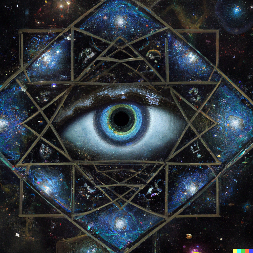 DALL·E 2022-07-12 23.52.44 – beautiful nebulous eye of the universe surrounded by sacred geometry and the stars of the universe from a hyper detailed geometric structure render