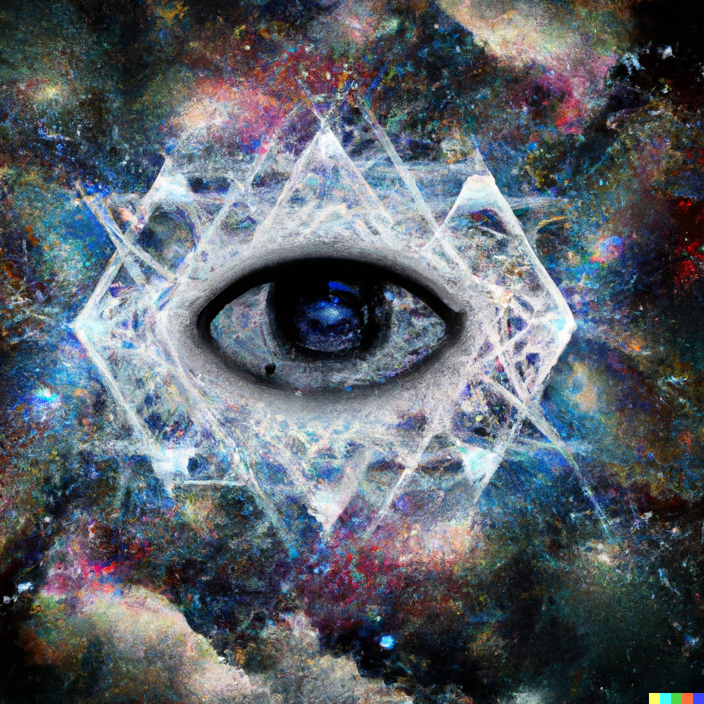 DALL·E 2022-07-12 23.52.59 – beautiful nebulous eye of the universe surrounded by sacred geometry and the stars of the universe from a hyper detailed geometric structure render