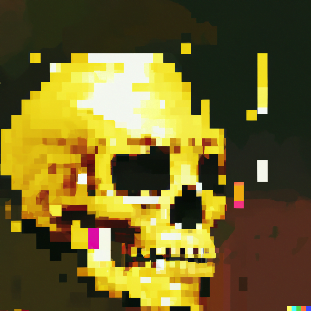 DALL·E 2022-07-12 23.55.06 – human skull dripping in liquid gold glitch art pixel art glitchart pixelart
