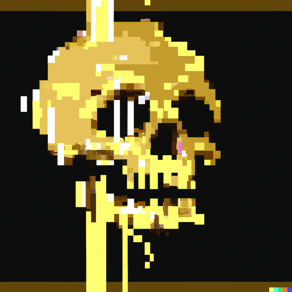 DALL·E 2022-07-12 23.55.18 – human skull dripping in liquid gold glitch art pixel art glitchart pixelart