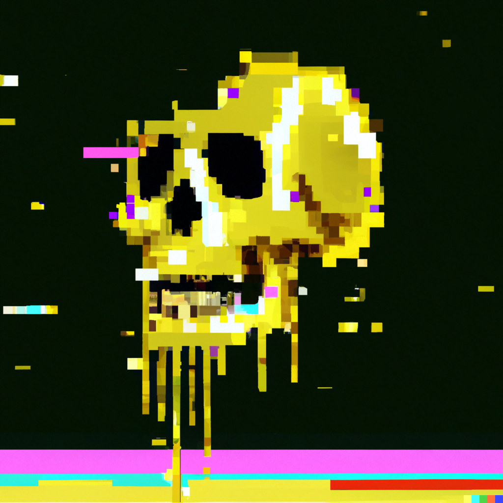 DALL·E 2022-07-12 23.55.24 – human skull dripping in liquid gold glitch art pixel art glitchart pixelart