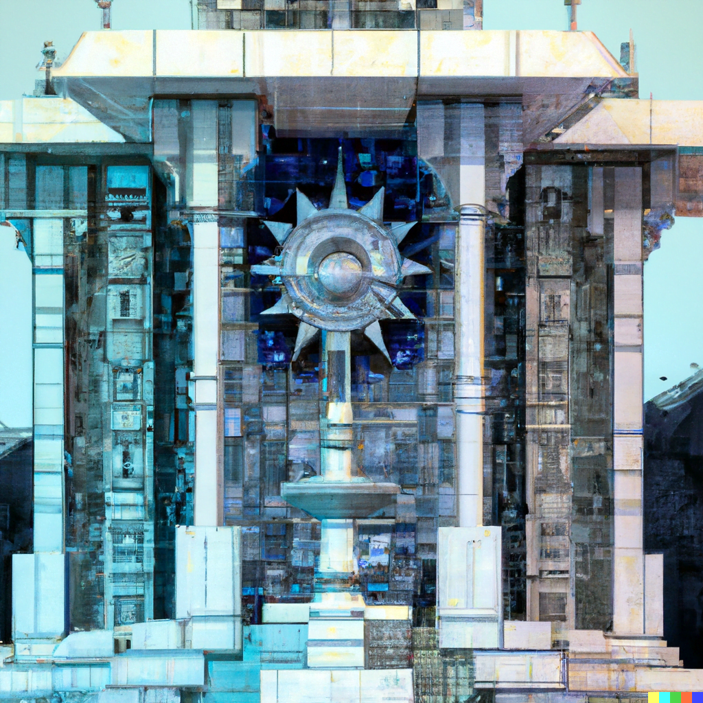 DALL·E 2022-07-12 23.56.35 – Monument to the Sanctum hyperdetailed sacred geometry render of embossed anaglyphic crystals, forbidden sanctum detailed architectural render. a porta