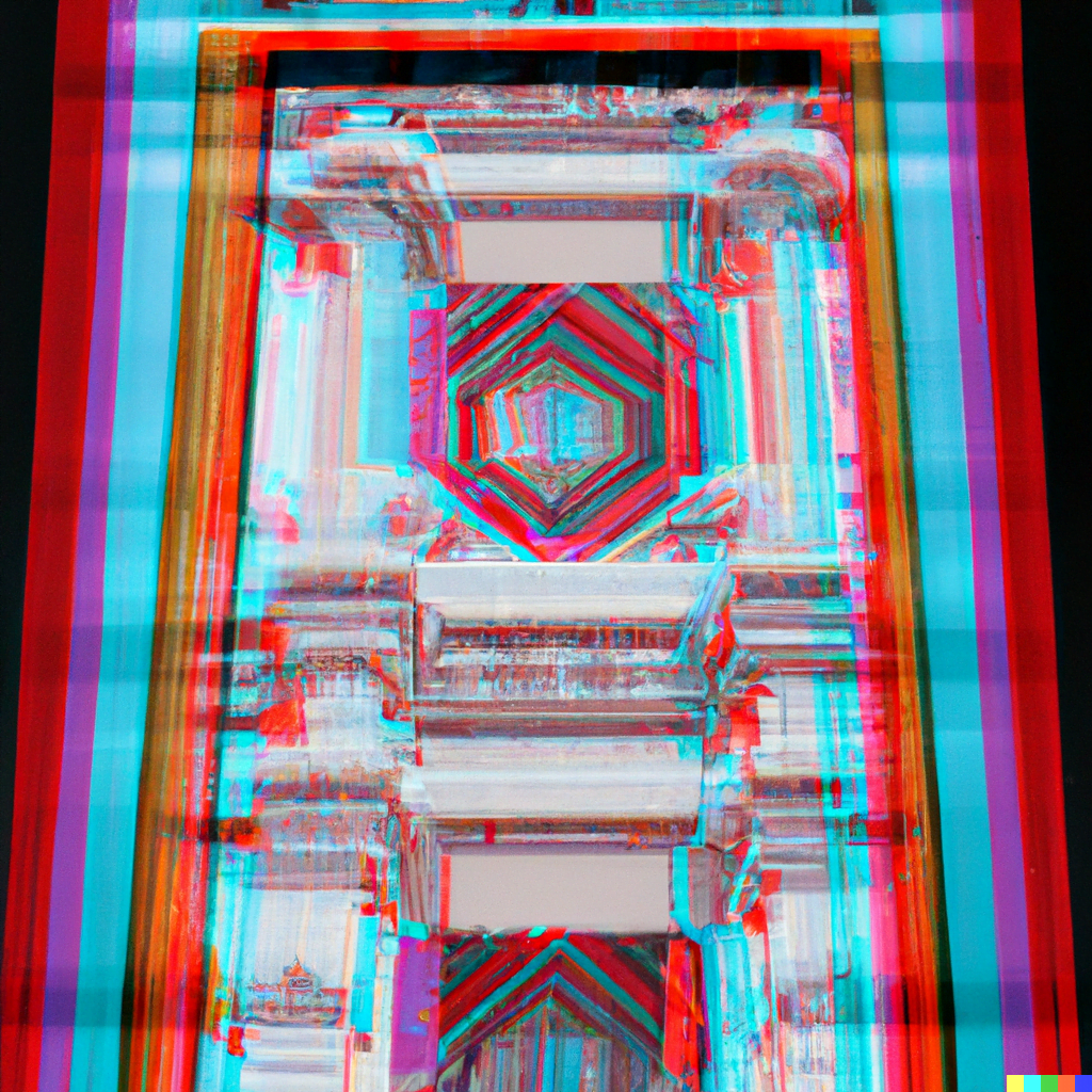 DALL·E 2022-07-12 23.57.39 – hyperdetailed sacred geometry render of embossed anaglyphic crystals, forbidden sanctum detailed architectural render. a portal to another world polar