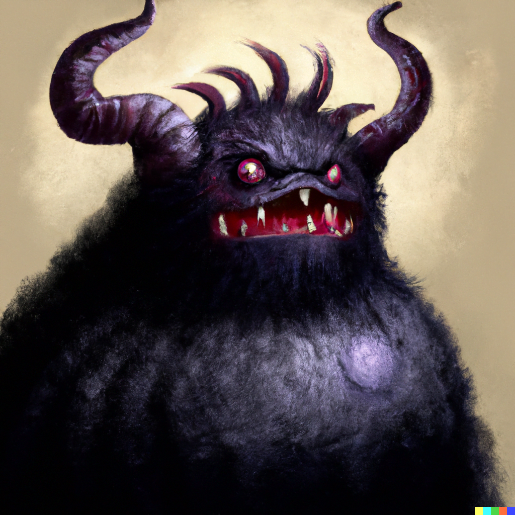 DALL·E 2022-07-13 00.00.23 – dark purple bipedal monster with a roundish body, red eyes, a wide mouth that is usually curled into a grin, and pointed ears gengar Zdzisław Beksińsk