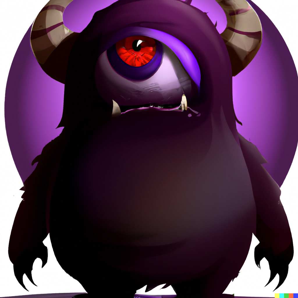 DALL·E 2022-07-13 00.00.31 – dark purple bipedal monster with a roundish body, red eyes, a wide mouth that is usually curled into a grin, and pointed ears gengar Zdzisław Beksińsk