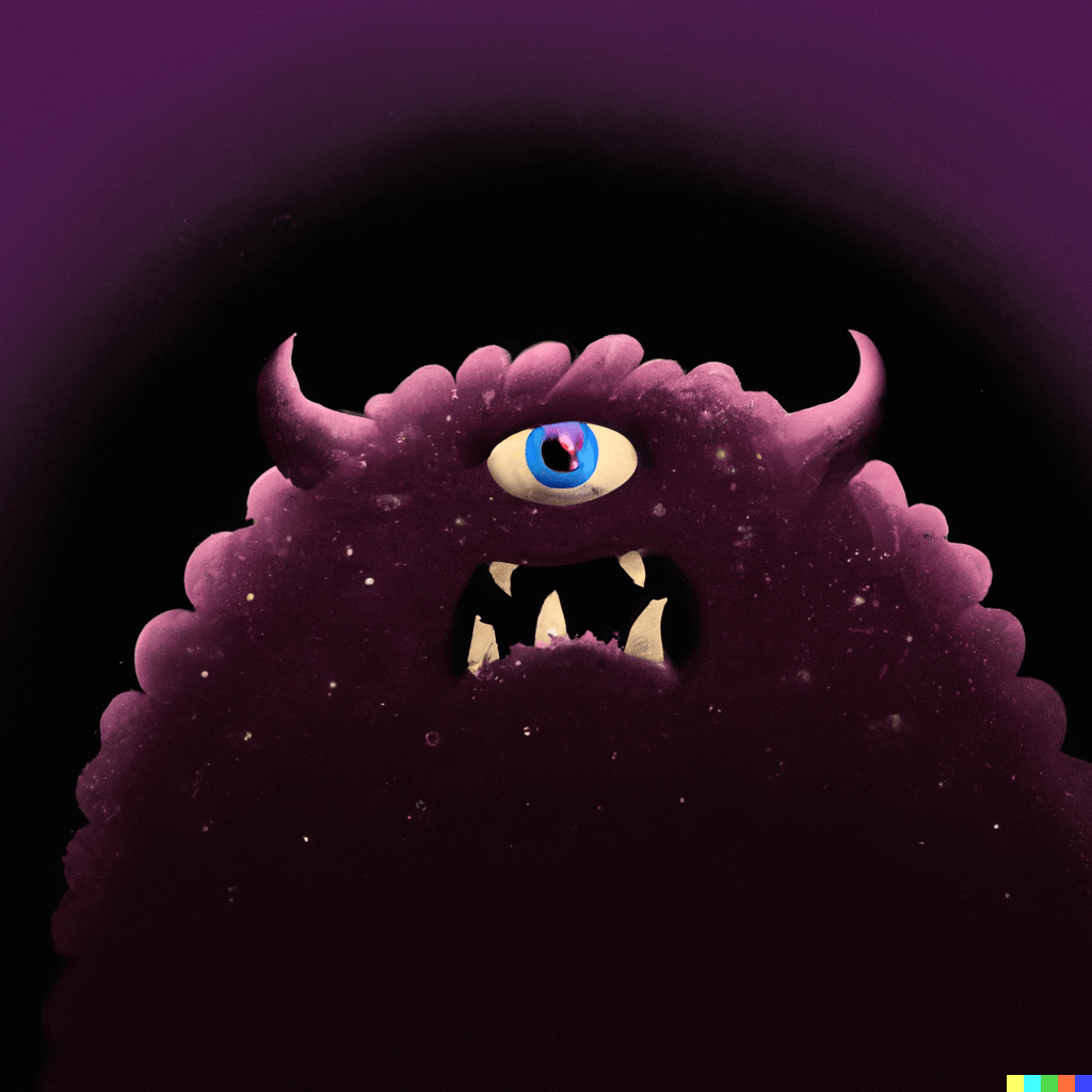 DALL·E 2022-07-13 00.00.36 – dark purple bipedal monster with a roundish body, red eyes, a wide mouth that is usually curled into a grin, and pointed ears gengar Zdzisław Beksińsk