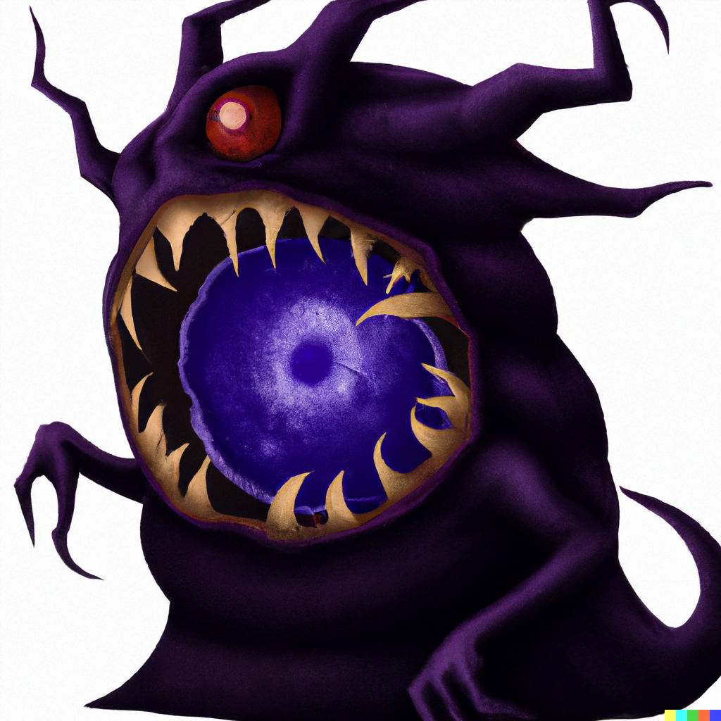 DALL·E 2022-07-13 00.00.47 – dark purple bipedal monster with a roundish body, red eyes, a wide mouth that is usually curled into a grin, and pointed ears gengar Zdzisław Beksińsk