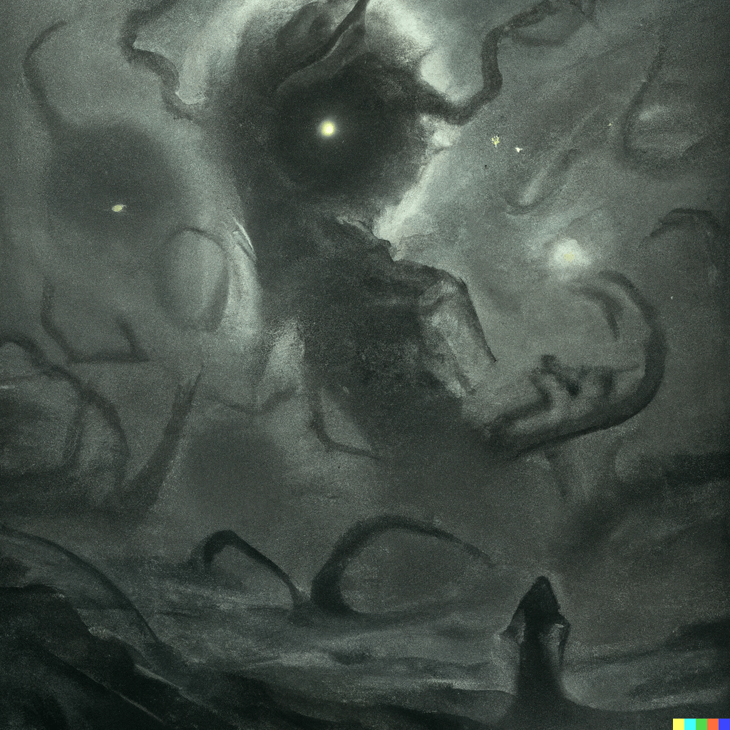 DALL·E 2022-07-13 00.05.07 – jupiter’s storm by PAUL GUSTAVE DORÉ Zdzisław Beksiński shadow monsters dark Cthulhu lovecraftian concept art trending on Artstation