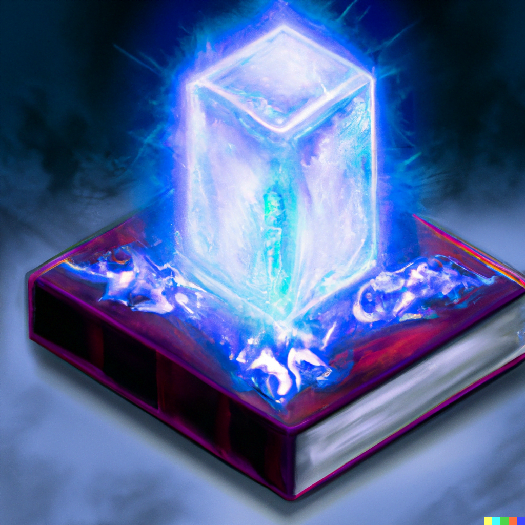 DALL·E 2022-07-13 00.07.20 – a digital illustration of an arcane tome with a glowing magical gem on the front steaming with magic