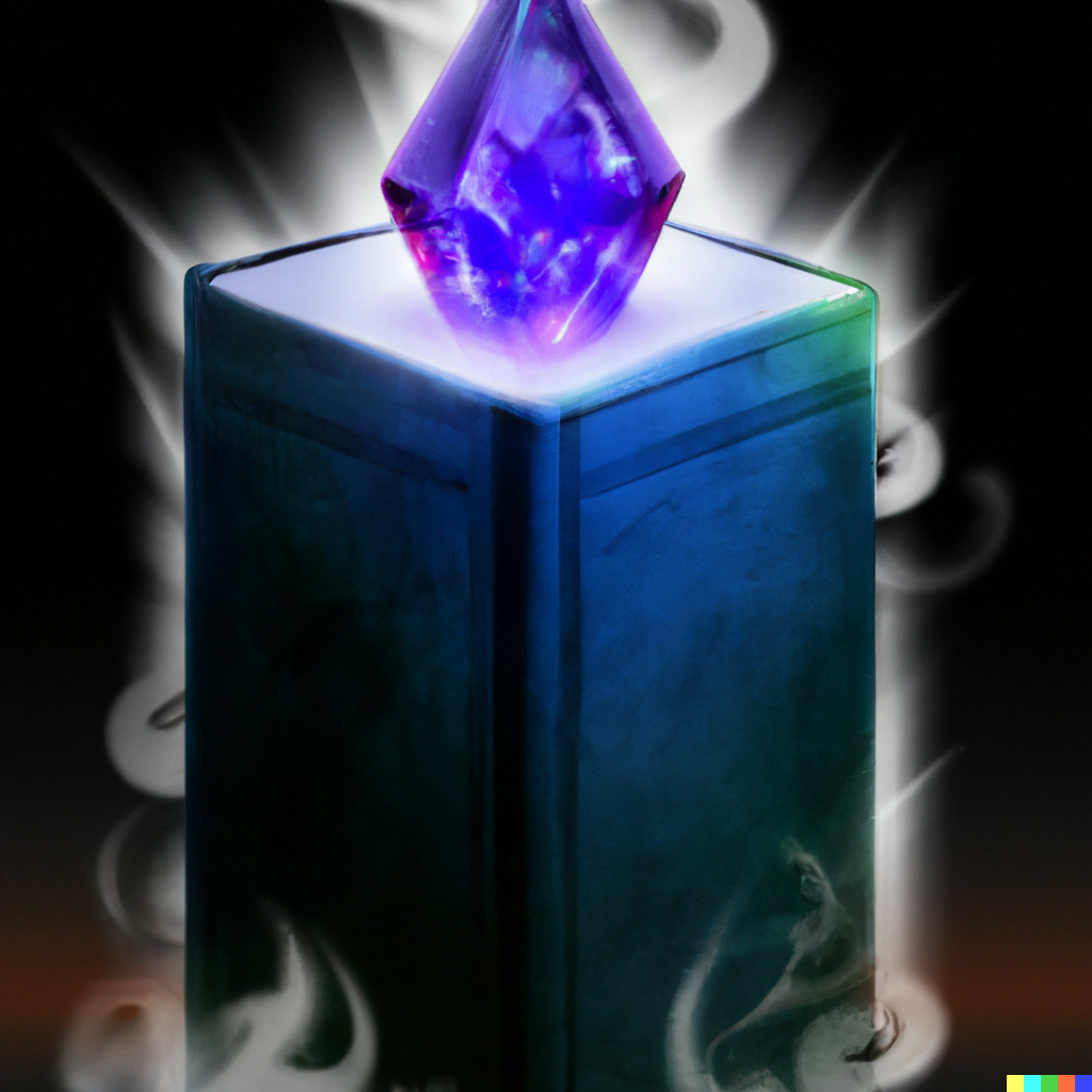DALL·E 2022-07-13 00.07.28 – a digital illustration of an arcane tome with a glowing magical gem on the front steaming with magic