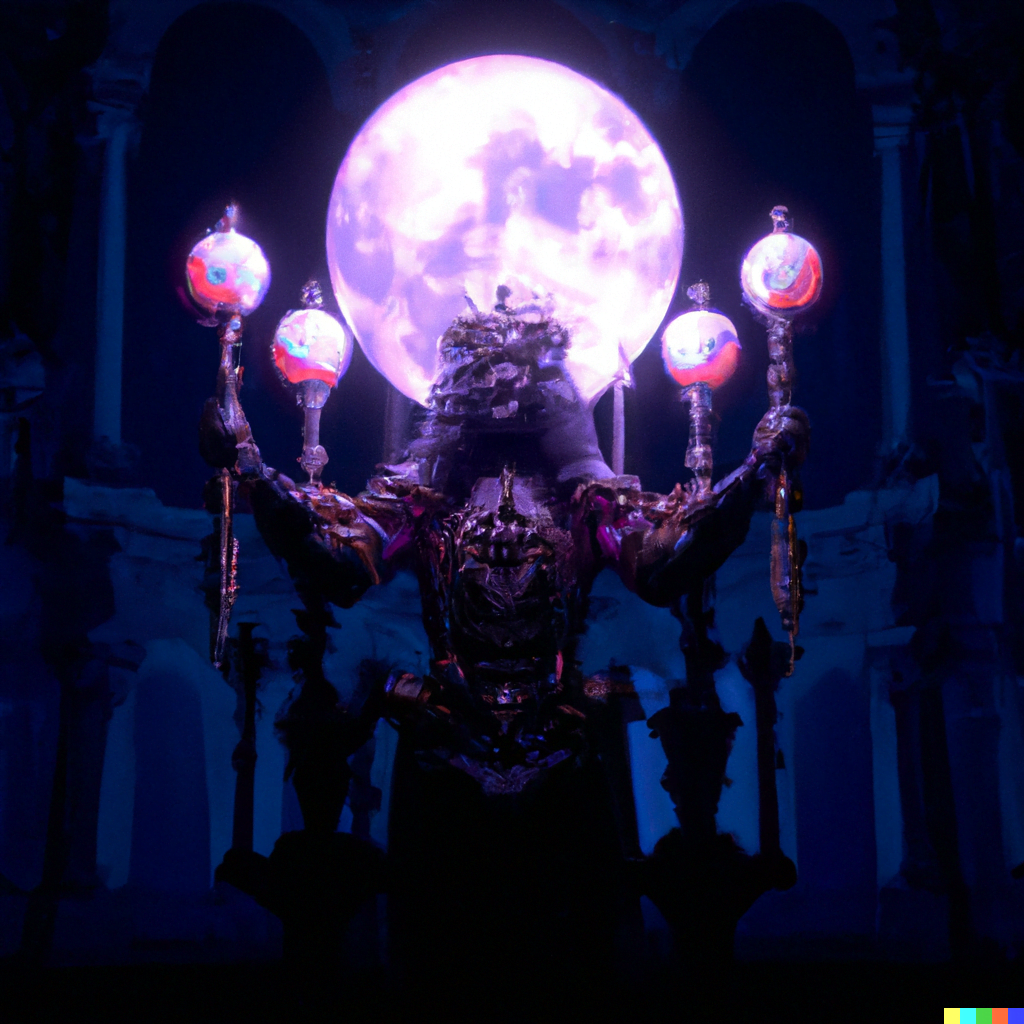 DALL·E 2022-07-13 23.21.50 – The Emperor on throne adorned with 4 heads of rams scepter in one hand orb in another CryEngine 8k resolution dark crescent moon crowned person gustav