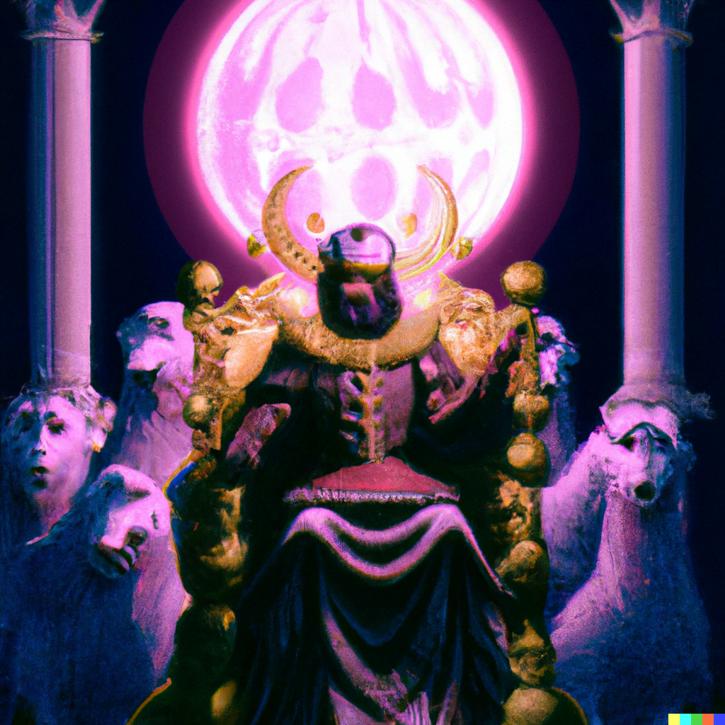 DALL·E 2022-07-13 23.22.56 – The Emperor on throne adorned with 4 heads of rams scepter in one hand orb in another dark crescent moon crowned person gustave dore glowing neon conc