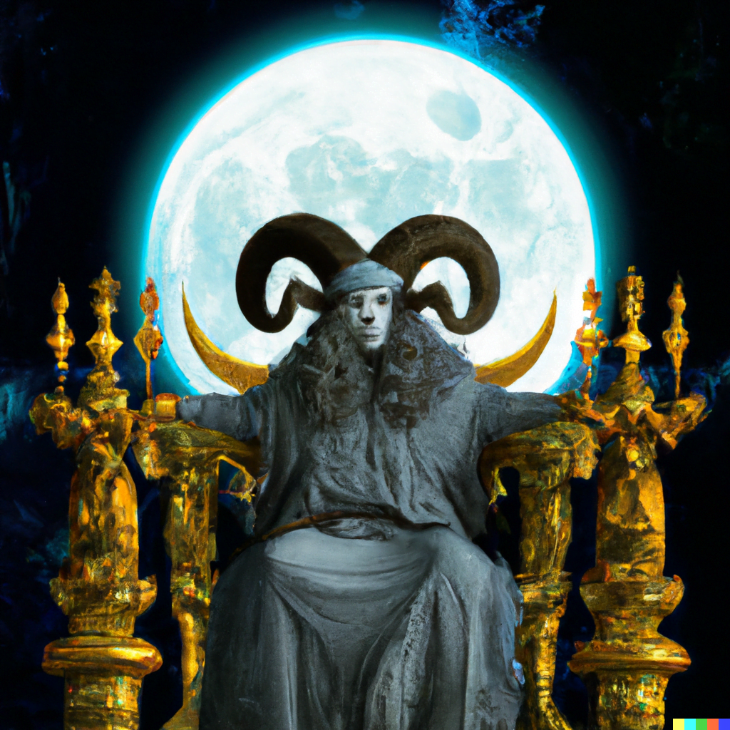 DALL·E 2022-07-13 23.23.04 – The Emperor on throne adorned with 4 heads of rams scepter in one hand orb in another dark crescent moon crowned person gustave dore glowing neon conc