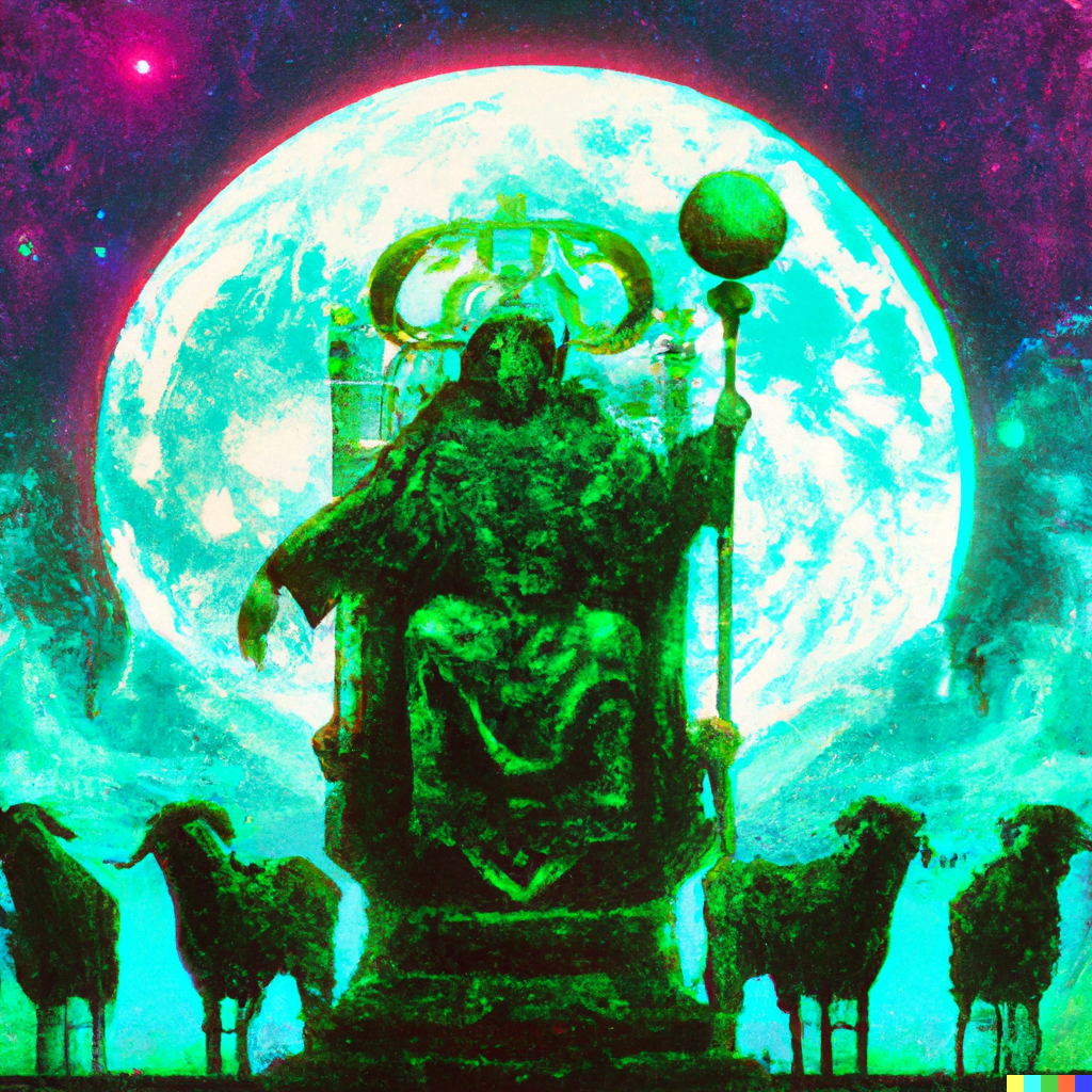 DALL·E 2022-07-13 23.23.08 – The Emperor on throne adorned with 4 heads of rams scepter in one hand orb in another dark crescent moon crowned person gustave dore glowing neon conc
