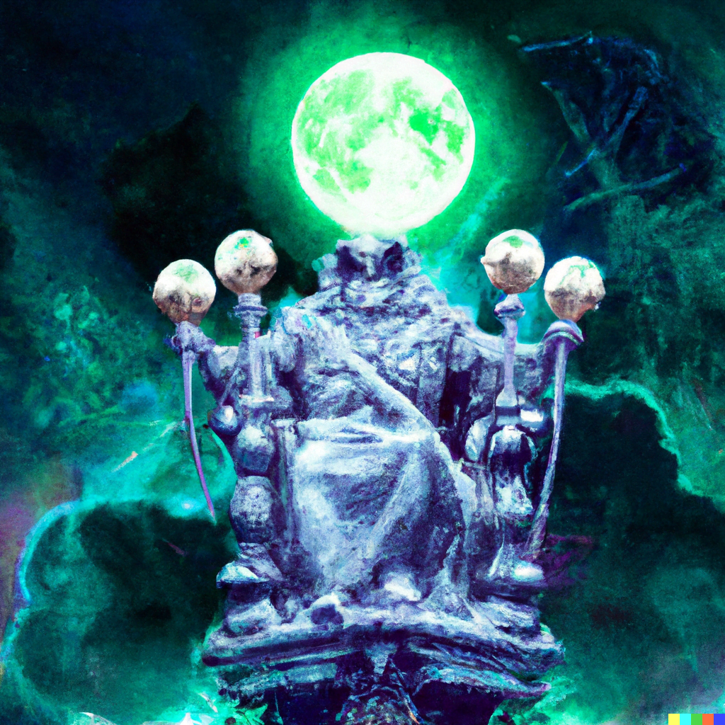 DALL·E 2022-07-13 23.23.14 – The Emperor on throne adorned with 4 heads of rams scepter in one hand orb in another dark crescent moon crowned person gustave dore glowing neon conc