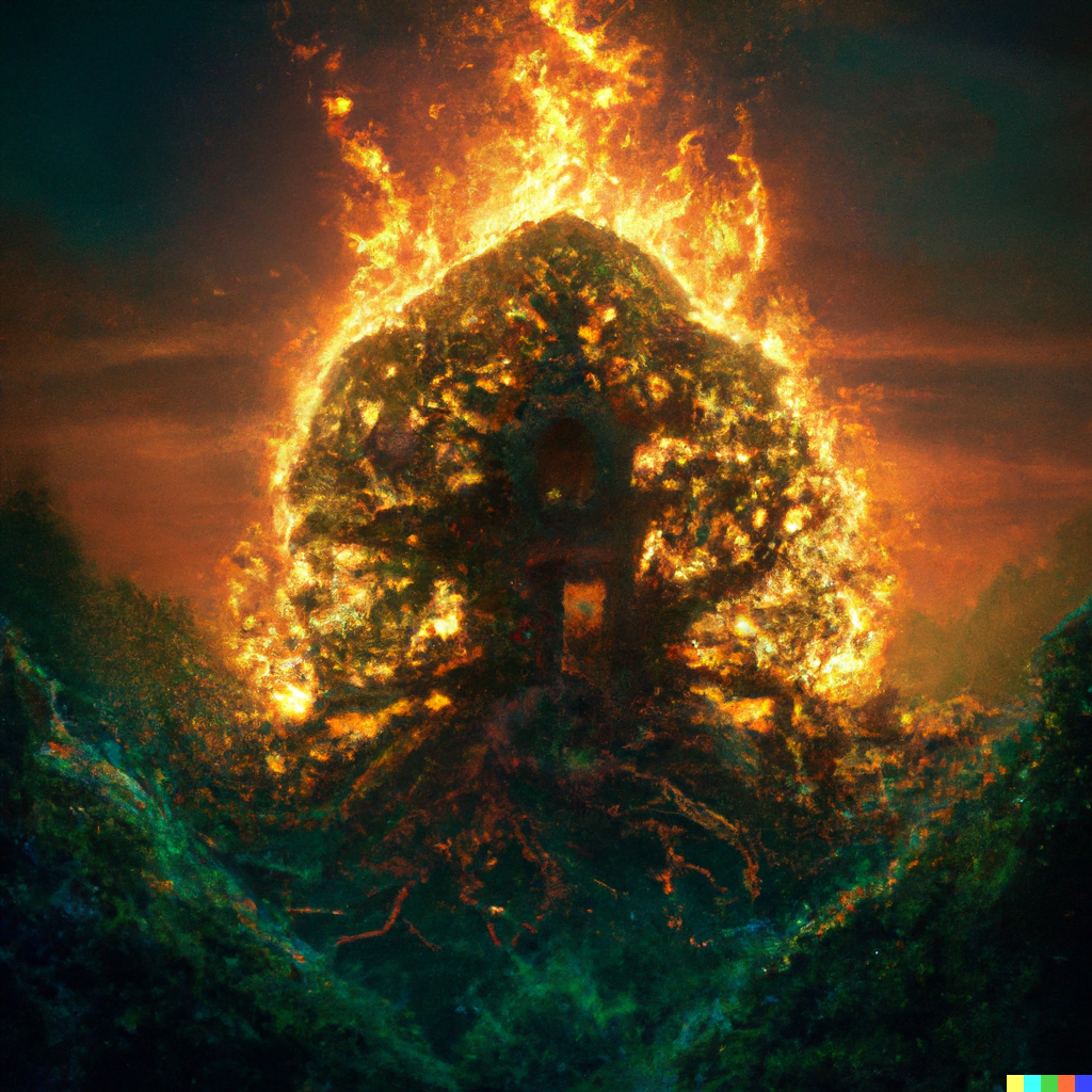 DALL·E 2022-07-13 23.28.35 – the overgrown tree of life burning by Jacek Yerka in the style of digital illustration