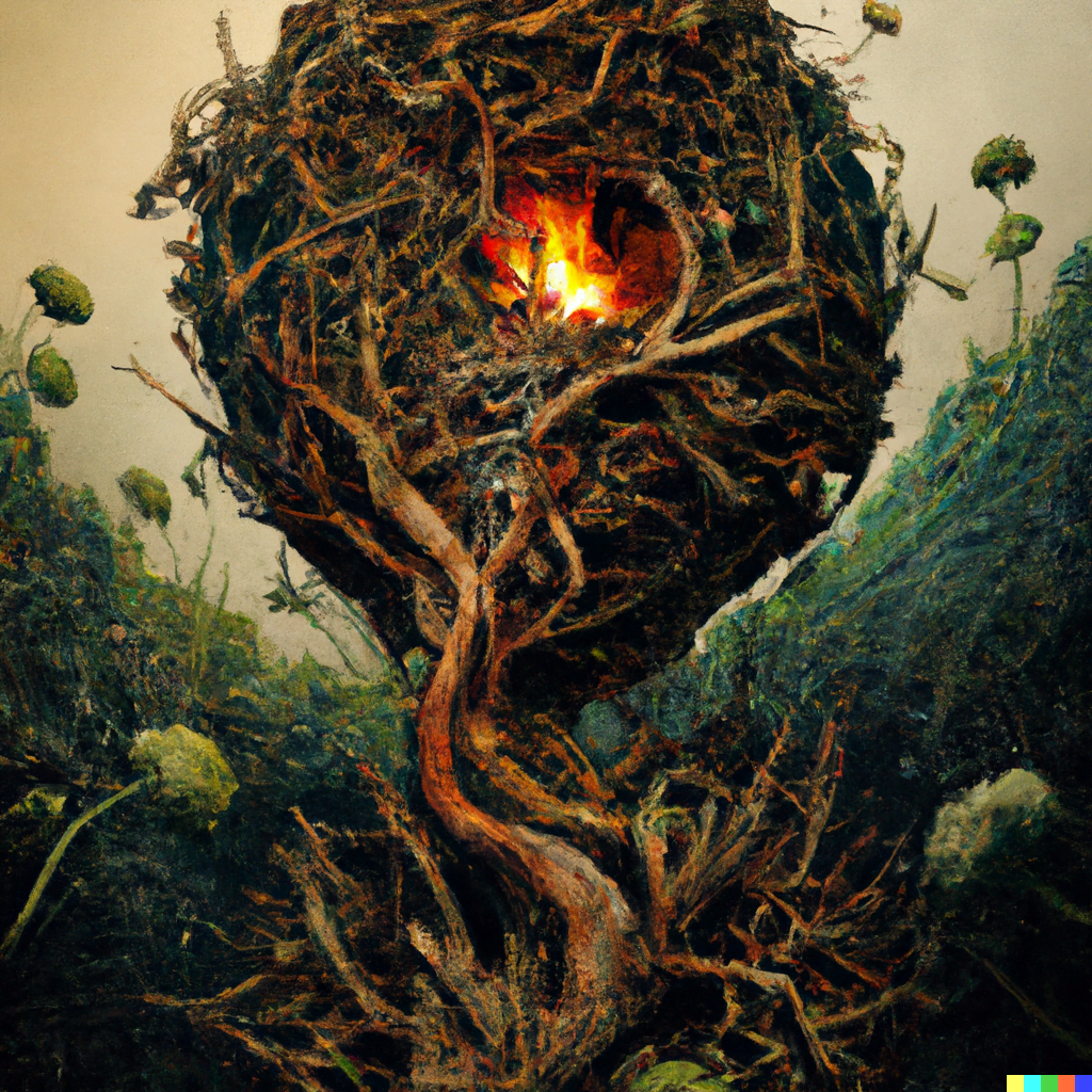DALL·E 2022-07-13 23.28.43 – the overgrown tree of life burning by Jacek Yerka in the style of digital illustration