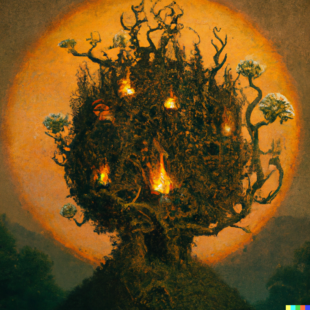 DALL·E 2022-07-13 23.28.50 – the overgrown tree of life burning by Jacek Yerka in the style of digital illustration