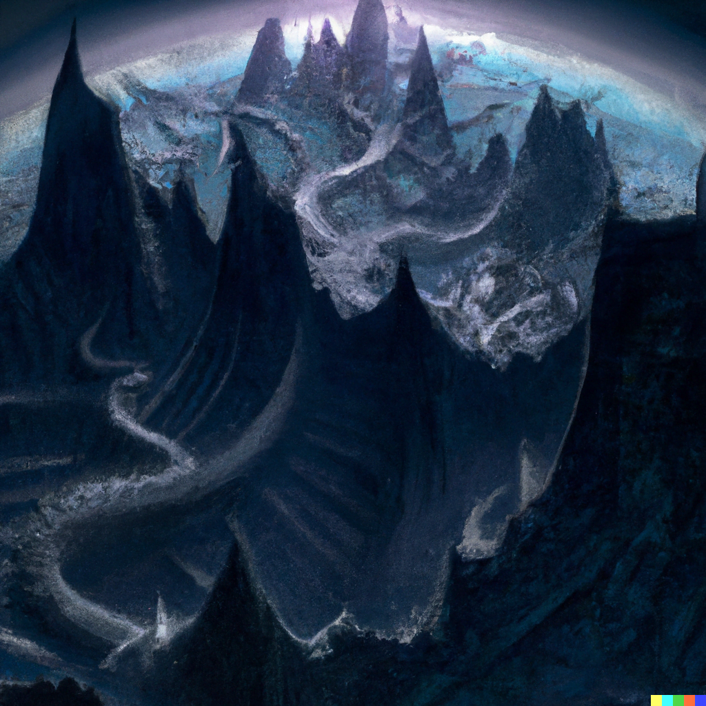 DALL·E 2022-07-13 23.30.28 – the spine of the world the dragon reborn a large mountain range as viewed from space digital illustration with volumetric lighting by Zdzisław Beksińs