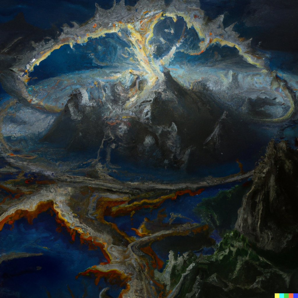 DALL·E 2022-07-13 23.30.46 – the spine of the world the dragon reborn a large mountain range as viewed from space digital illustration with volumetric lighting by Zdzisław Beksińs