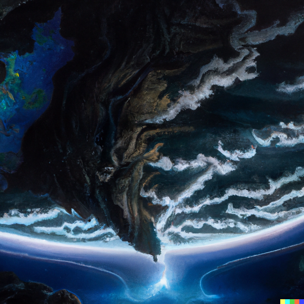 DALL·E 2022-07-13 23.30.58 – the spine of the world the dragon reborn a large mountain range as viewed from space digital illustration with volumetric lighting by Zdzisław Beksińs