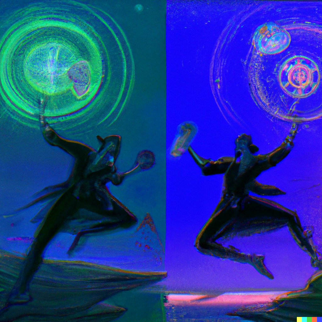 DALL·E 2022-07-14 00.17.20 – two of pentacles man dances while juggling two coins in his hands infinity symbol two ships in a sea by Zdzisław Beksiński and gustave dore with glowi