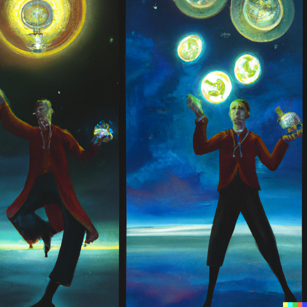 DALL·E 2022-07-14 00.17.24 – two of pentacles man dances while juggling two coins in his hands infinity symbol two ships in a sea by Zdzisław Beksiński and gustave dore with glowi