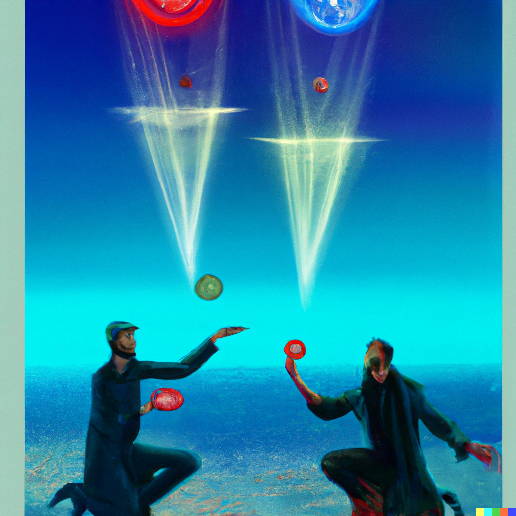 DALL·E 2022-07-14 00.17.36 – two of pentacles man dances while juggling two coins in his hands infinity symbol two ships in a sea by Zdzisław Beksiński and gustave dore with glowi