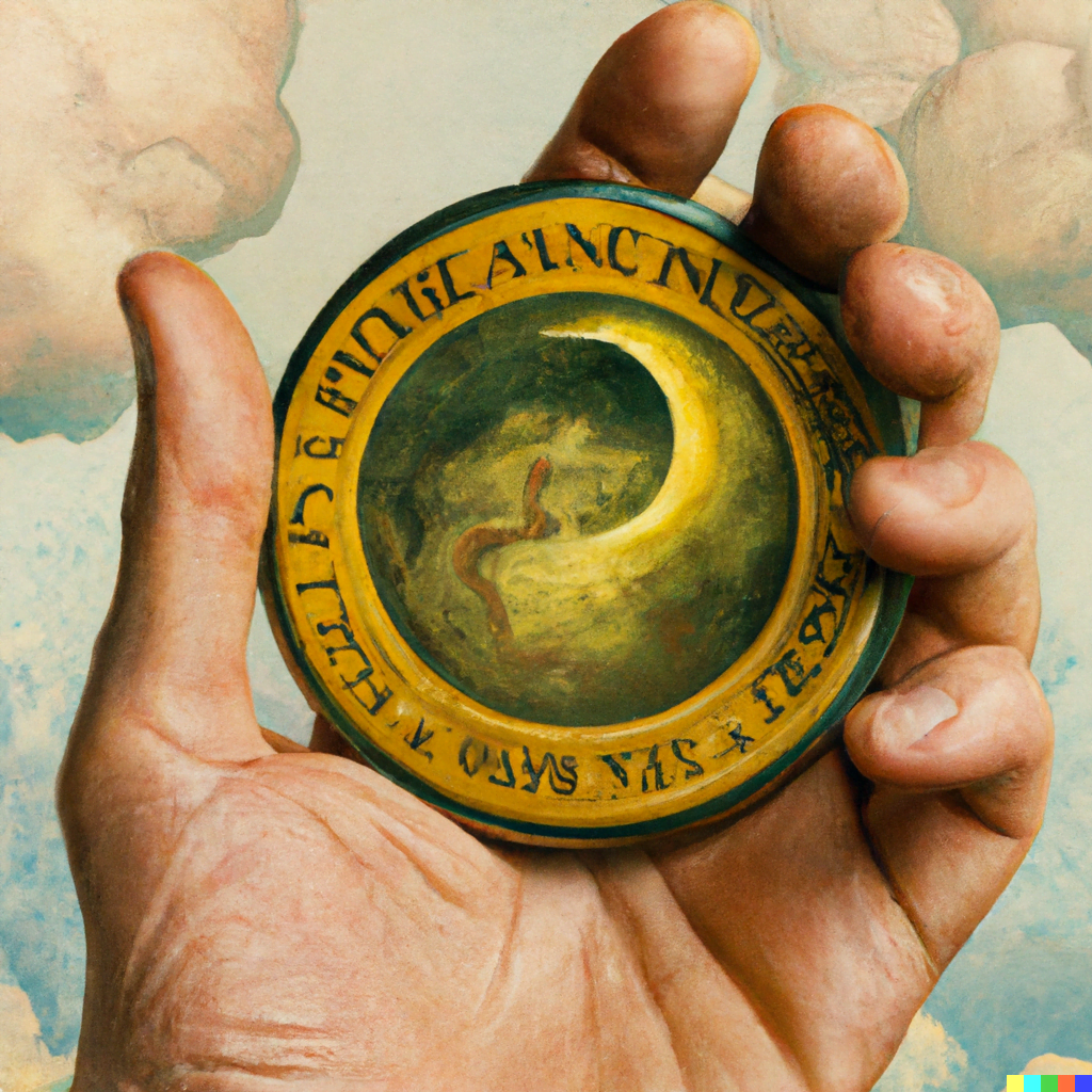 DALL·E 2022-07-14 00.26.57 – The Ace of Pentacles hand emerging from the clouds large coin sits in the cupped palm by Zdzisław Beksiński and PAUL GUSTAVE DORÉ