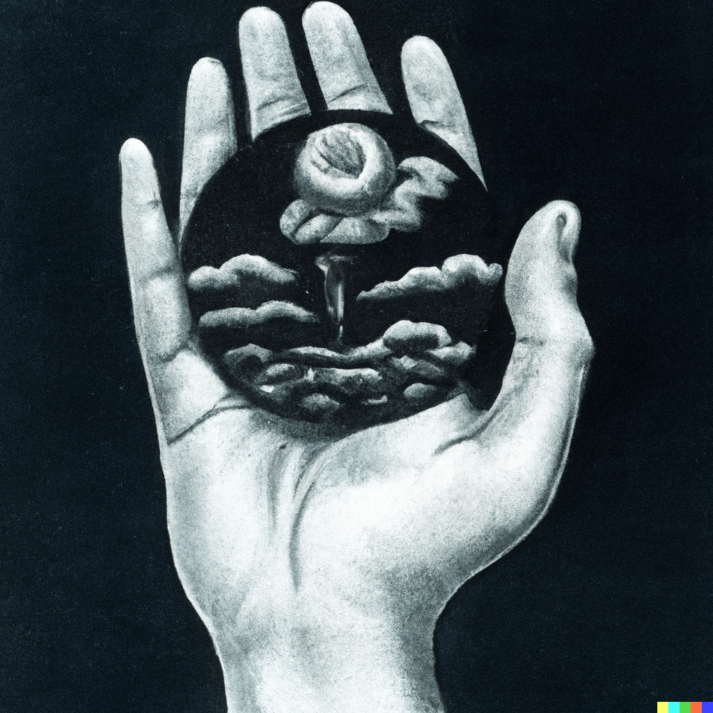 DALL·E 2022-07-14 00.27.02 – The Ace of Pentacles hand emerging from the clouds large coin sits in the cupped palm by Zdzisław Beksiński and PAUL GUSTAVE DORÉ