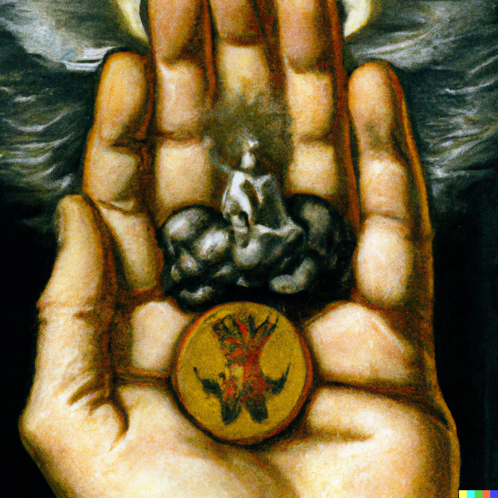 DALL·E 2022-07-14 00.27.11 – The Ace of Pentacles hand emerging from the clouds large coin sits in the cupped palm by Zdzisław Beksiński and PAUL GUSTAVE DORÉ