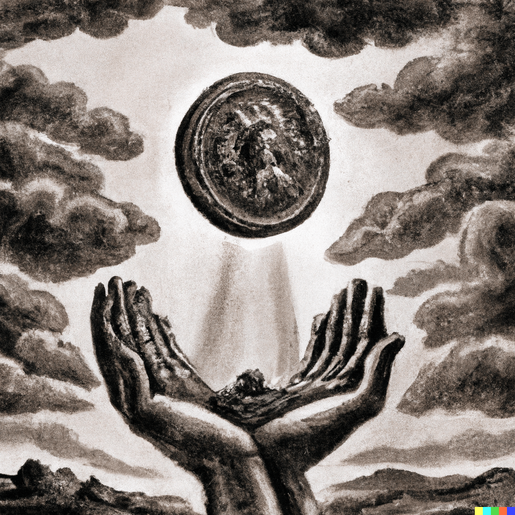 DALL·E 2022-07-14 00.27.16 – The Ace of Pentacles hand emerging from the clouds large coin sits in the cupped palm by Zdzisław Beksiński and PAUL GUSTAVE DORÉ