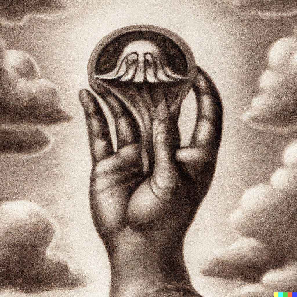 DALL·E 2022-07-14 00.27.20 – The Ace of Pentacles hand emerging from the clouds large coin sits in the cupped palm by Zdzisław Beksiński and PAUL GUSTAVE DORÉ