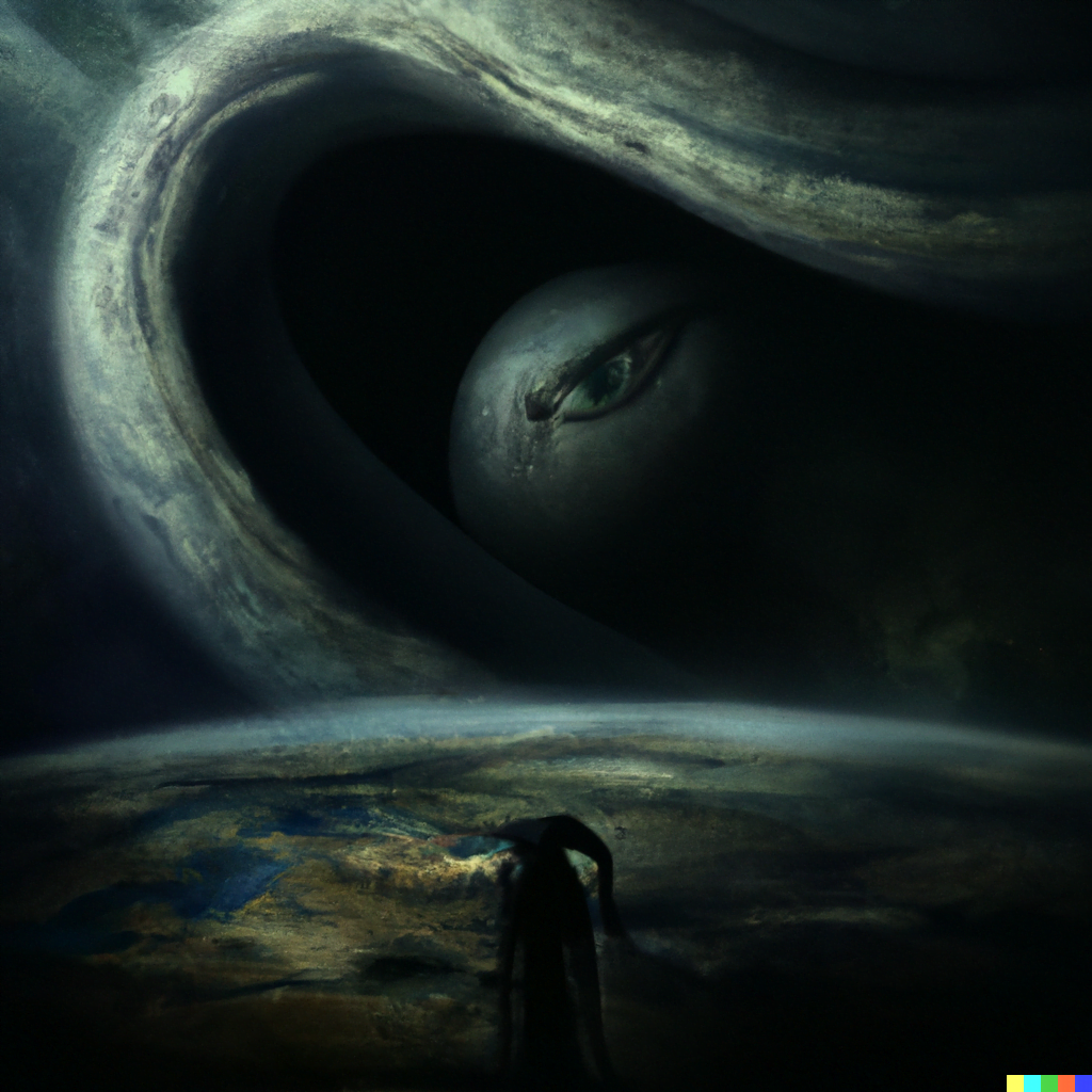 DALL·E 2022-07-14 00.33.20 – a lovecraftian galactic size monster emerging from the shadows of a planet to devour earth beautiful digital illustration by Zdzisław Beksiński