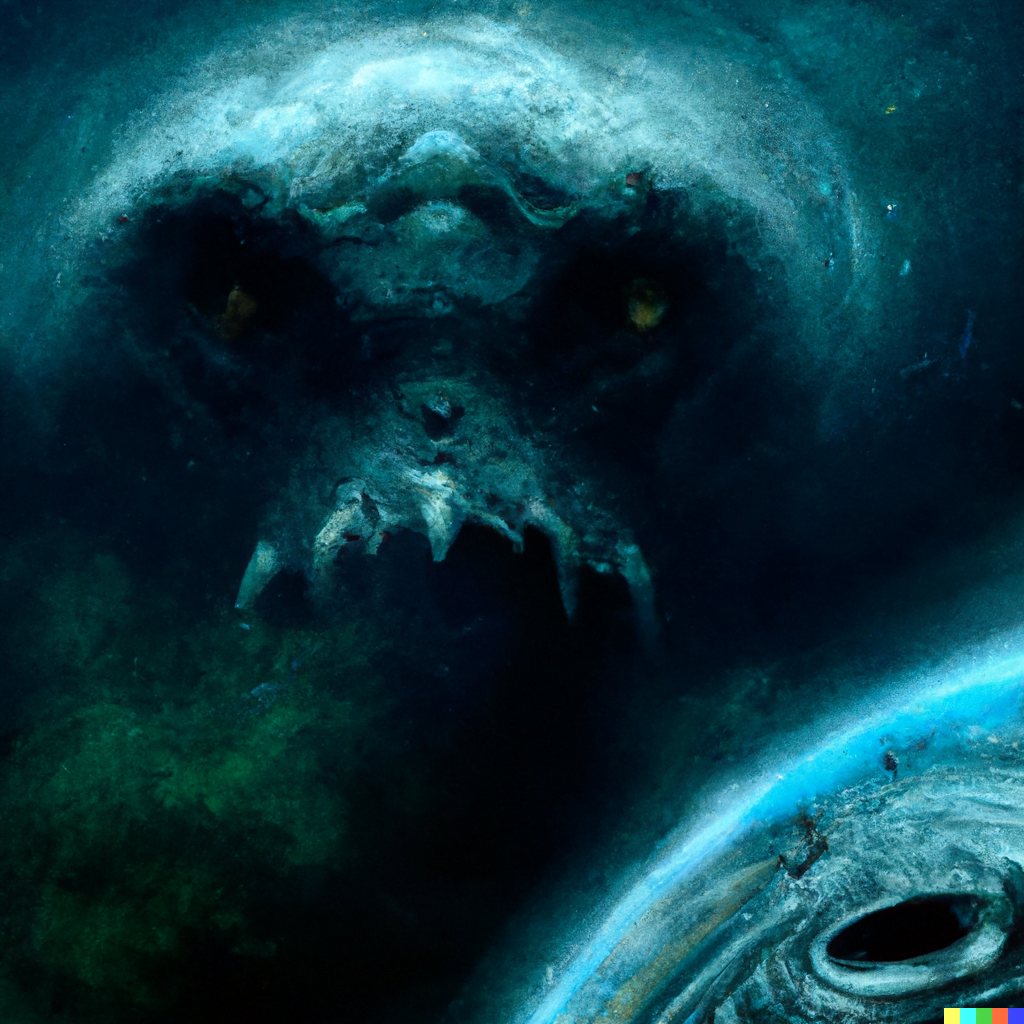 DALL·E 2022-07-14 00.33.24 – a lovecraftian galactic size monster emerging from the shadows of a planet to devour earth beautiful digital illustration by Zdzisław Beksiński