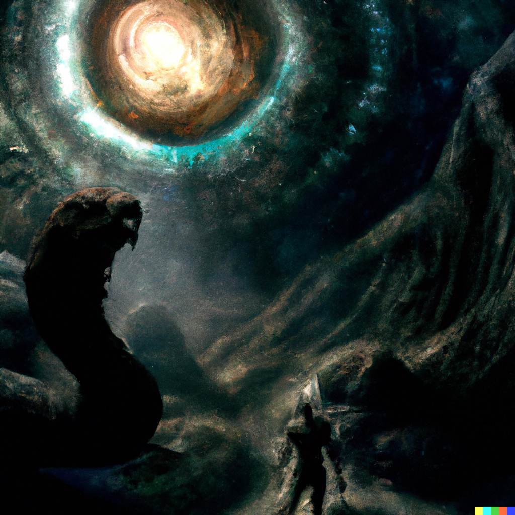 DALL·E 2022-07-14 00.33.38 – a lovecraftian galactic size monster emerging from the shadows of a planet to devour earth beautiful digital illustration by Zdzisław Beksiński