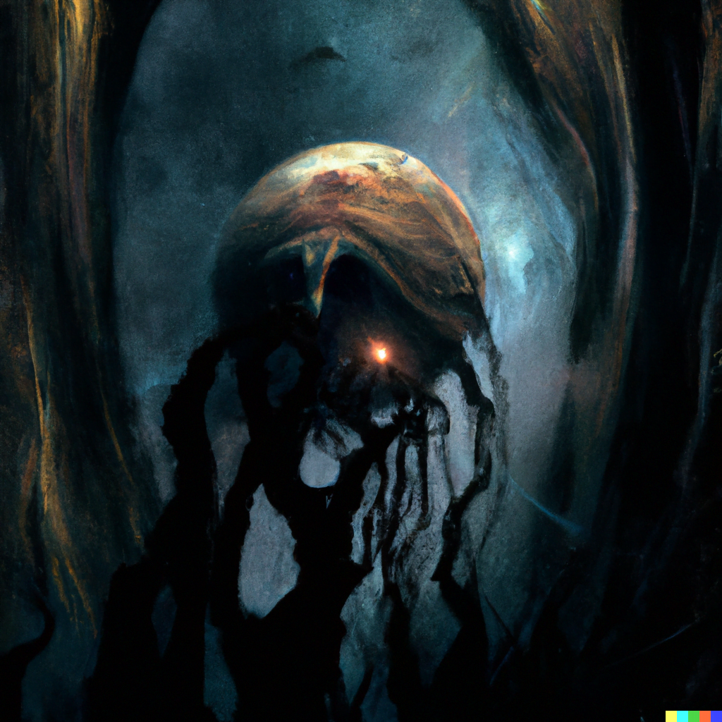 DALL·E 2022-07-14 00.33.41 – a lovecraftian galactic size monster emerging from the shadows of a planet to devour earth beautiful digital illustration by Zdzisław Beksiński