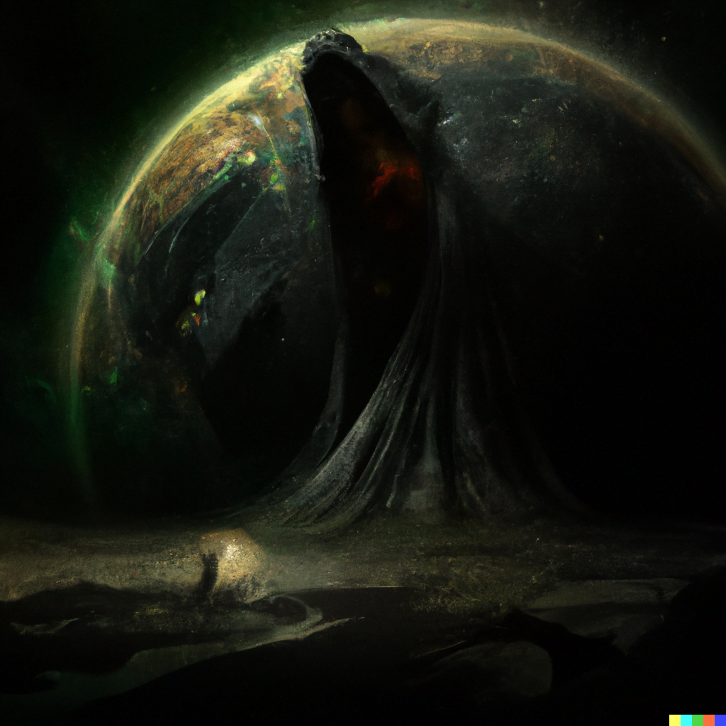 DALL·E 2022-07-14 00.33.46 – a lovecraftian galactic size monster emerging from the shadows of a planet to devour earth beautiful digital illustration by Zdzisław Beksiński