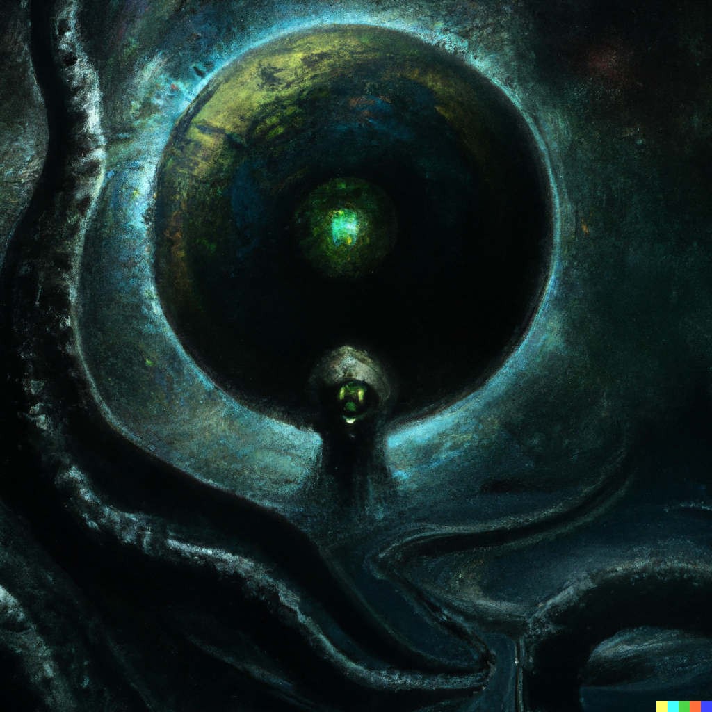 DALL·E 2022-07-14 00.33.50 – a lovecraftian galactic size monster emerging from the shadows of a planet to devour earth beautiful digital illustration by Zdzisław Beksiński