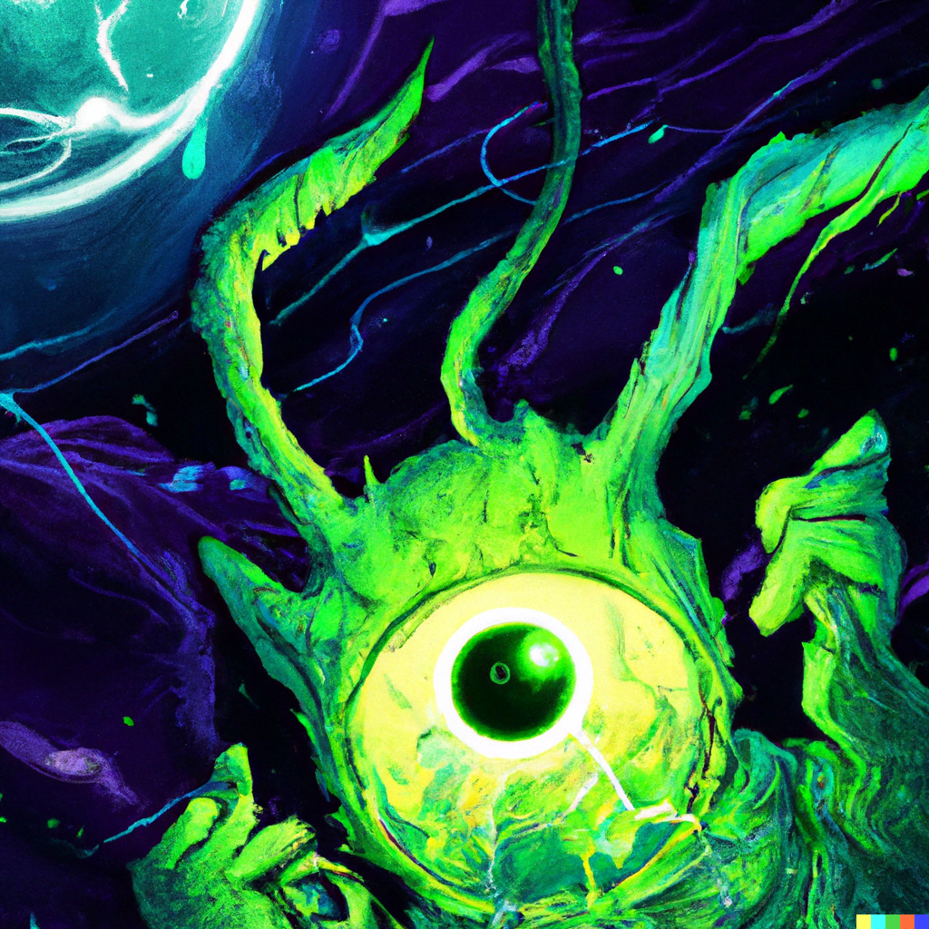 DALL·E 2022-07-14 00.35.20 – a digital illustration of a galactic sized monster emerging from the shadows of a planet to devour earth in a solar system with science fiction eleme